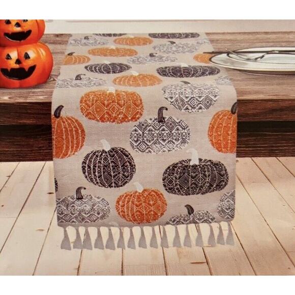 Fall Autumn Thanksgiving Table Runner Harvest Plaid 14" x 72 " Orange Pumpkins - Picture 2 of 3